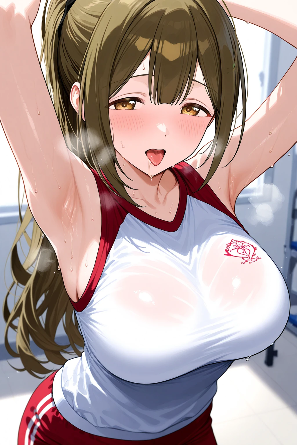 kurokoshirai, kuroko shirai, brown hair, long hair, (parted bangs:1.5), (brown eyes:1.7), Ringlet, twin tails, hair bow, bow, red bow, (big breasts:1.5),
break,Gym clothes and bloomers-style leotard, twin tails、
break looking at viewer, , whole body,
break indoors, school、
break (masterpiece:1.2), highest quality, High resolution, unity 8k wallpaper, (shape:0.8), (fine and beautiful eyes:1.6), highly detailed face, perfect lighting, Very detailed CG, (perfect hands, perfect anatomy),A big smile:1.3、blush:1.3、sweat on face:1.5、sexy pose、(Play with your breasts with your hands through your costume:1.5)、Kuroko Shirai is brainwashed and forced to masturbate、Grinning mouth、Sweaty、Many female students in the background(Female students wear shorts and gym clothes)
