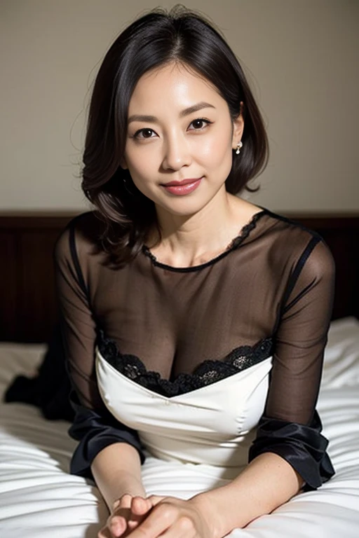 photoreal, (one 55 year old Japan woman)), big breasts visible (nasolabial folds and facial sagging), fat, cleavage visible, (perfect figure) (beautiful 55 year old Japan woman posing for photo standing in black silk camisole)), laughing wrinkles, (sexy face, sexy face, beautiful face), full body shooting, (long curls, black brown hair), smile, 55 year old married woman model, ,