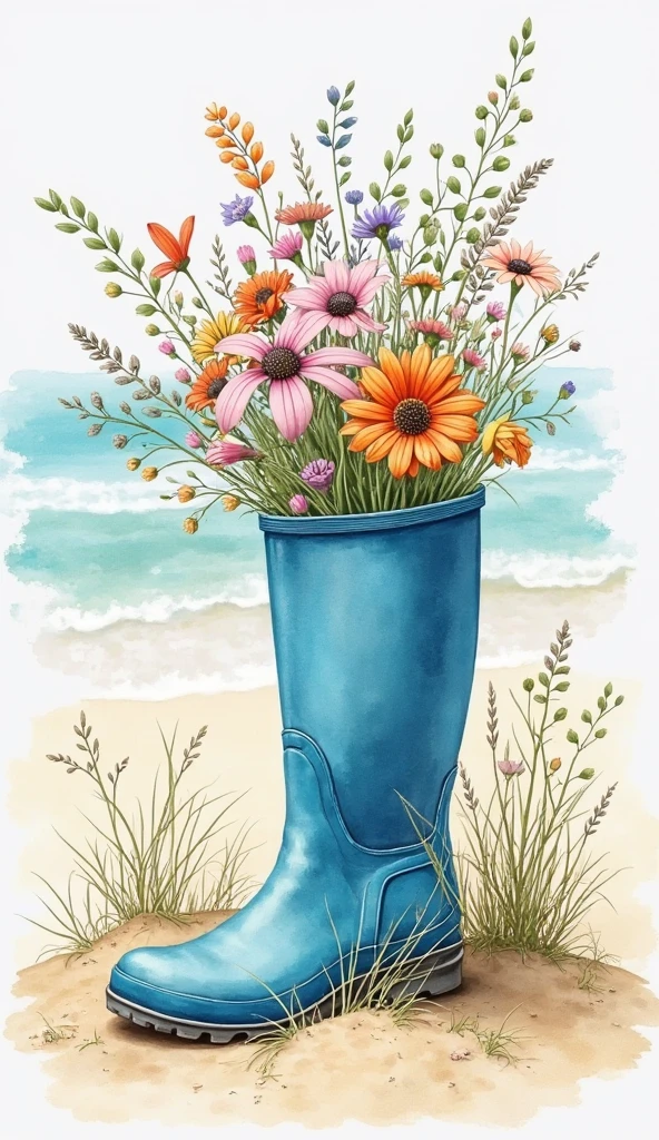 A blue rubber boot for children stands on the sand in the dunes by the sea in a boot, a bouquet of wildflowers,  watercolor style, abstraction surrealism, detailed drawing, blurred translucent background.