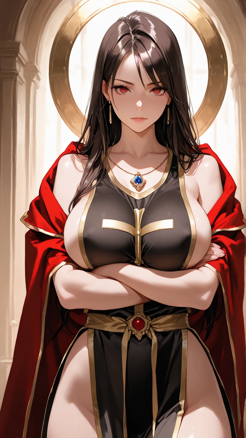 Lian, long brown hair, hair stick,bangs,violet eyes, solo, smiling, standing, upper body, hips, bare shoulders,purple thighhighs,red dress, gold jewelry,armor,gloves,circlet, cleavage, red and gold royal castle, gigantic breasts, (best quality, masterpiece, beautiful and aesthetic:1.2, highest detailed face, perfect face,) eyes, perfect face,expressive eyes,
looking at viewer, in the center of the image,(Upper_body),(Focus on her face),
official art,extremely detailed CG unity 8k wallpaper, perfect lighting,Colorful, Bright_Front_face_Lighting,shiny skin,
(masterpiece:1.0),(best_quality:1.0), ultra high res,4K,ultra-detailed