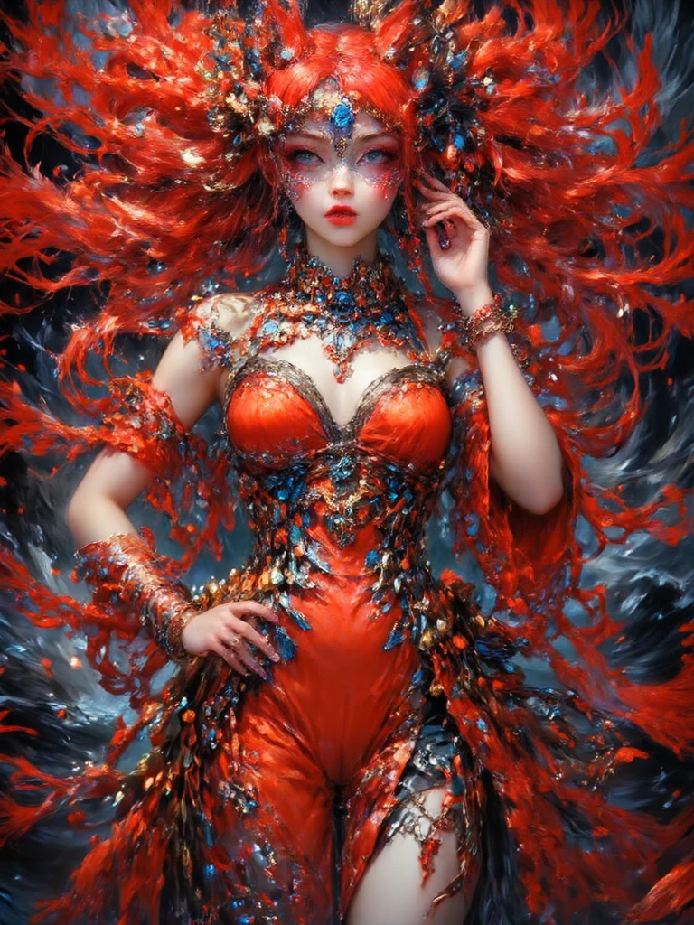 (masterpiece, best quality:1.2), jade style,1 beautiful chinese girl, solo,fullbody shoot,helllady,((Best quality)), ((Masterpiece)), ((Realistic)),axial symmetry:2, magnificent ruby hell background in scarlet style,white mixed latex,sexy,eye shadow,detailed face