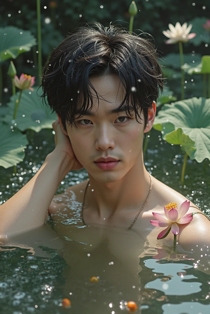 A handsome 20 year old Korean man with messy hair wearing shiny green-blue glasses that are anti-UV radiation without a shirt and shorts, there are several pictures of reddish brown lips on his neck, under his head, in the background of an elegant room.