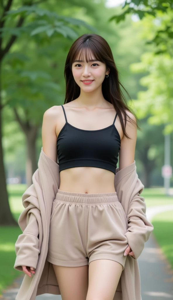 Asian woman wearing grey cropped top and grey sweatpants, young Asian girl, Wearing a crop top, beautiful Asian girl, Beautiful belly, Wearing a sexy cropped top, crop top, Asian girl, physical ,(a charming smile:1), 32 inches in the chest, (sexy pose),(, Young cute girl, Chinese Girl, Anime Thai girl, a young japanese girl, Wear casual clothing,(A girl in the forest),White shoes,,Full body posture,