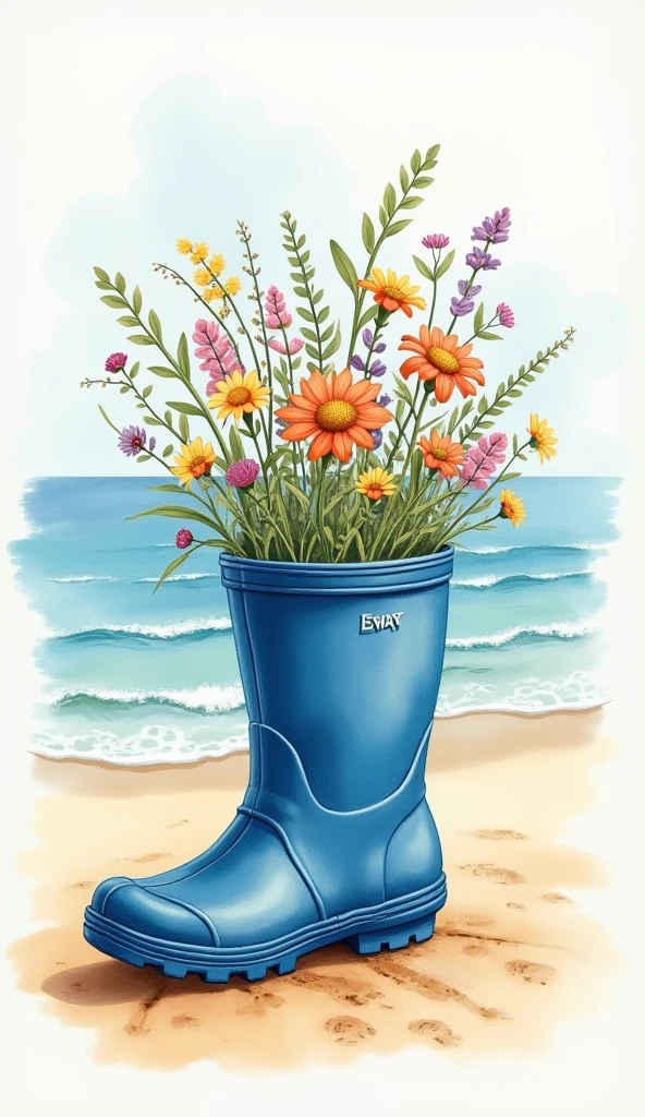 A blue rubber boot for children stands on the sand in the dunes by the sea in a boot, a bouquet of wildflowers,  watercolor style, abstraction surrealism, detailed drawing, blurred translucent background.