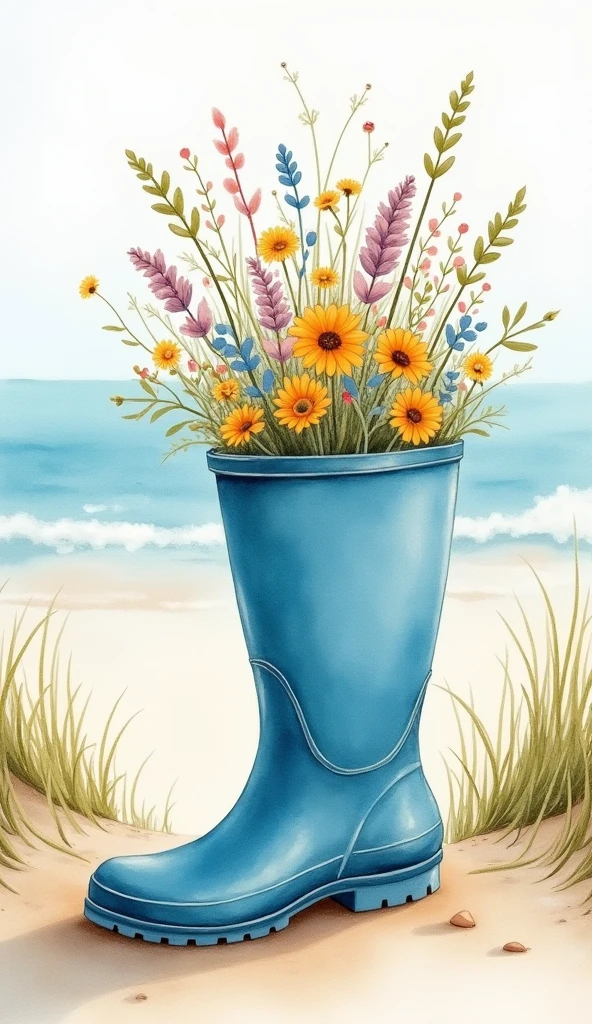 A blue rubber boot for children stands on the sand in the dunes by the sea in a boot, a bouquet of wildflowers,  watercolor style, abstraction surrealism, detailed drawing, blurred translucent background.
