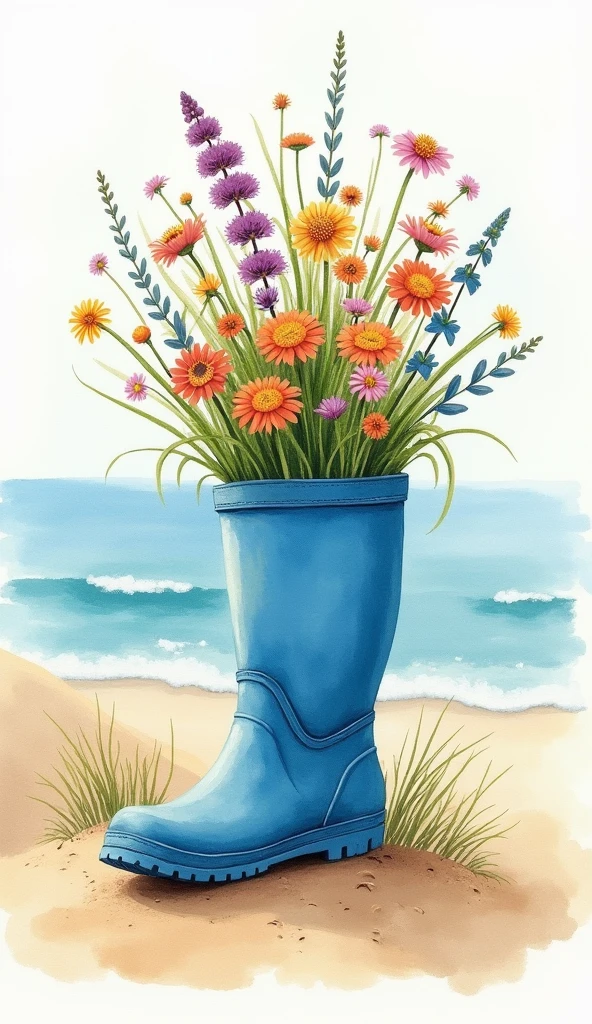 A blue rubber boot for children stands on the sand in the dunes by the sea in a boot, a bouquet of wildflowers,  watercolor style, abstraction surrealism, detailed drawing, blurred translucent background.