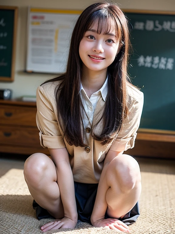 best quality, face focus, soft light, (depth of field) ,ultra high res, (photorealistic:1.4), RAW photo,
(upper knees:1.4) ,(from side)
1 girl, solo, cute, (shy, smile:1.1), (brown eyes), detailed beautiful face, (long hair ),
High School Classroom, (sit chair),
(school uniform:1.4,dark brown skirt,light brown shirt)