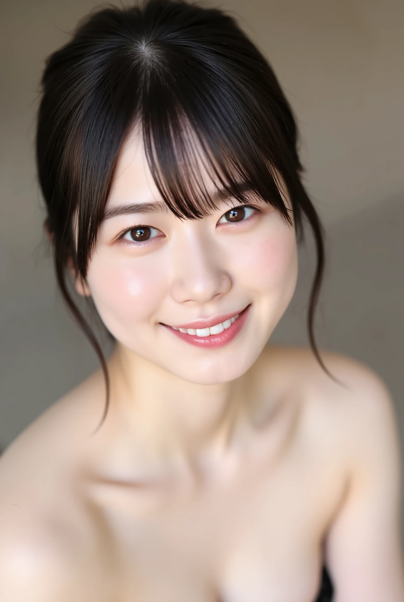 This photo shows a cute Japanese woman, topless,
The image is of very high quality, with clear skin texture.
The focus is on her face.
The focus is very sharp.
Her whole body is in the picture.
Her facial expression is sexy.
She is facing forward.
She has shiny black hair.
Her skin is beautiful, fair, finely textured, and even.
Her breasts are small and firm.