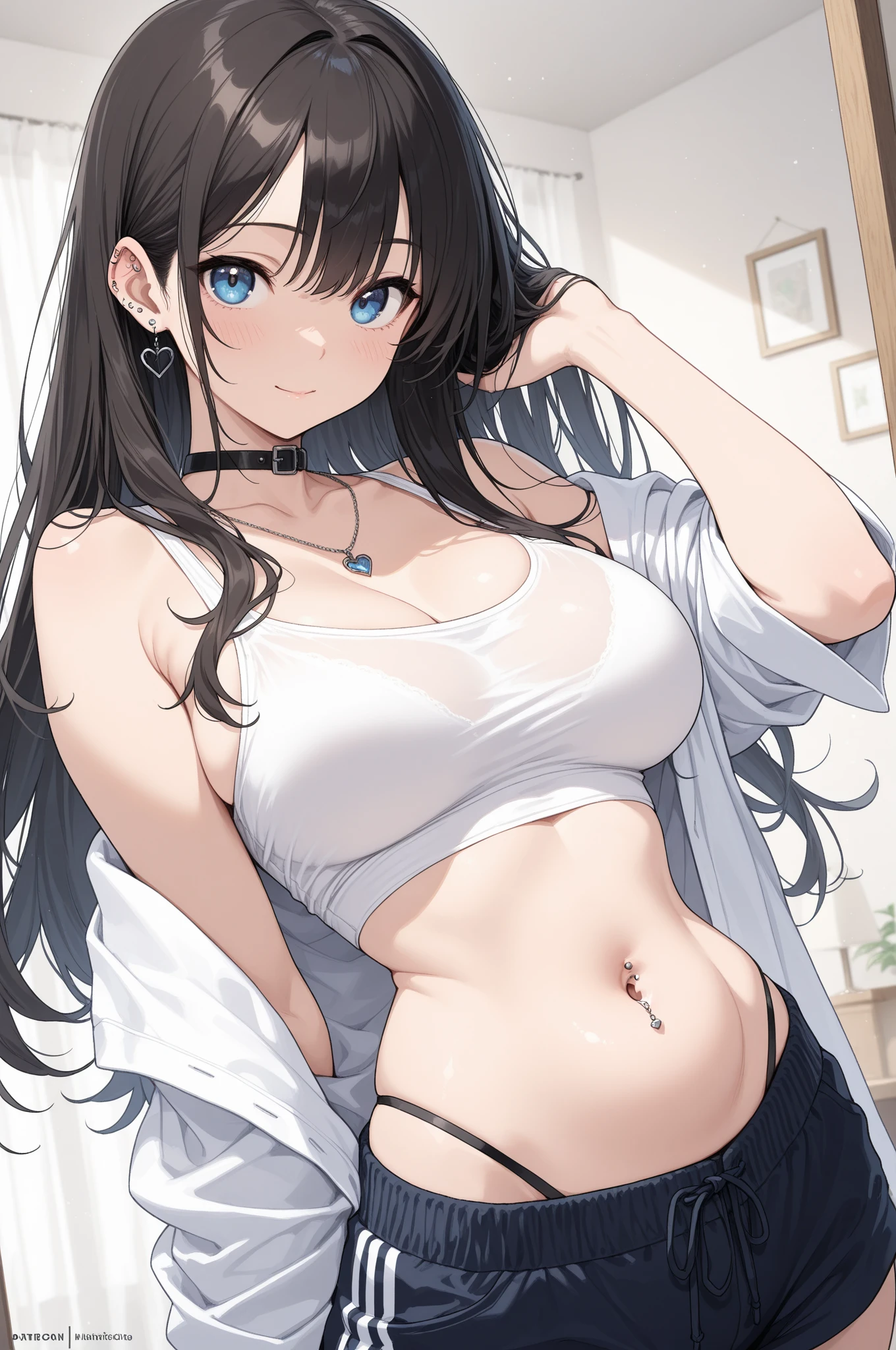 realistic image, coherent image, detailed image, 1 beautiful girl. She has brown hair, with two pigtails and a fox mask in her hair. Pink eyes, long eyelashes. Her face is oval and delicate. Smiling. She is wearing a lace bra, jean shorts. She has a curvy body, medium breasts, thin waist, thick thighs. she pose sexy. White background. uniform background. natural lighting in front, volumetric lighting