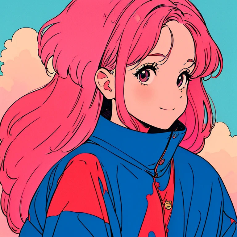pink hair, cute face, mixed clouds in the background, close to the face,  smile 