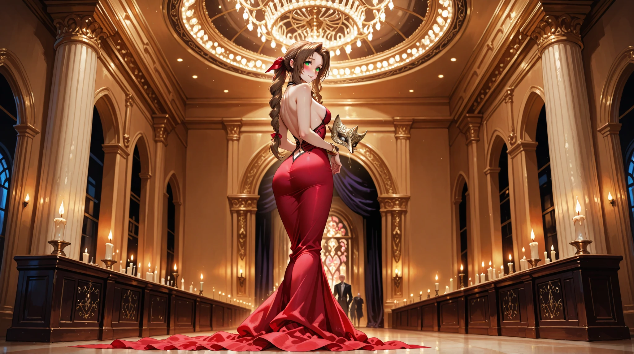 ((holding a gold ballon)), (((full body))), real photo, 11 years old girl, Brat female , ((looking back at me)), long glove, red dress shoes,