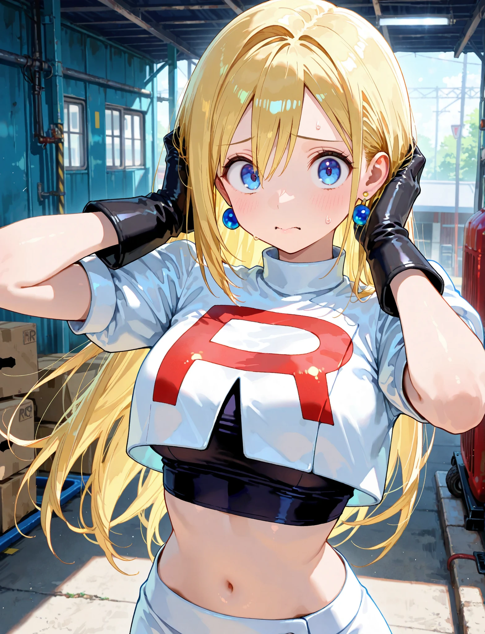 master piece,best quality,ultra detailed,ultra hires,32k,beautiful detailed face,beautiful detailed eyes,looking at a viewer,blue eyes,long golden hair,background is garage,white cropped short sleeve jacket, black gloves, earrings, thighboots, white skirt, team rocket perfect human structure ,navel,having a confused face,holding her head with both hands,upper body