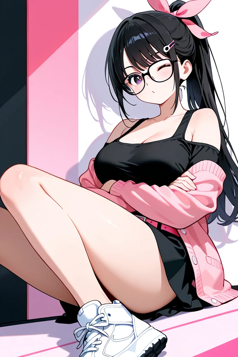 (melhor qualidade, obra-prima), (Retrato 8K), (Corpo Perfeito), 1Meninas, (cabelo curto,preto), (franja vermelha), (pigtails), (olhar surpreso), ( eyeglass), rechonchuda, emphasis on the thighs, Pose sexy, middlebreasts,