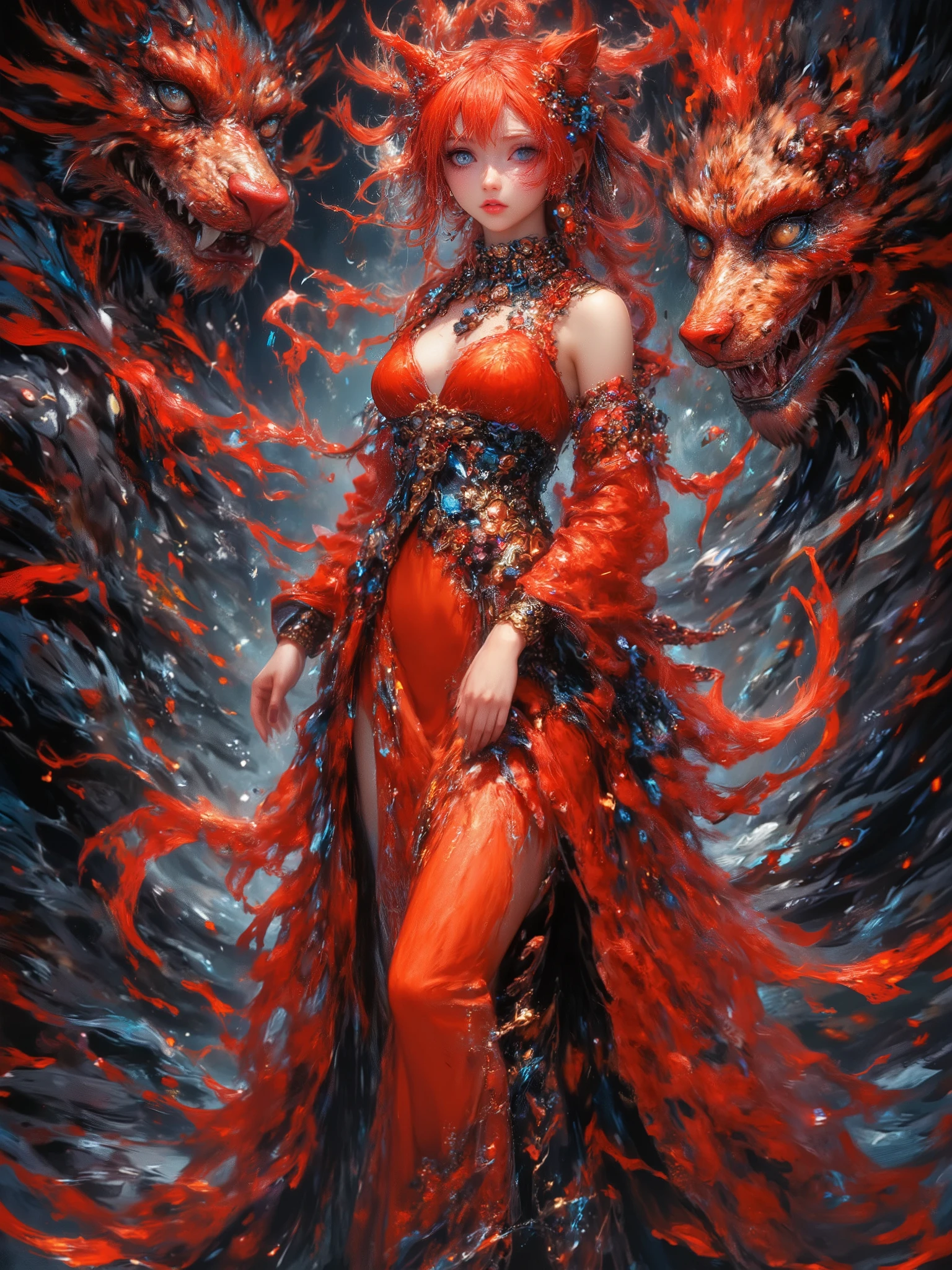  High-quality 4K animation-style digital painting ， depicts the fiery red cat girl Asuka Langley Soryu ，cat ears , bright blue eyes 。 She wears an iconic red ball gown with black trim， standing tall ， full of confidence , eye mask , ballroom mask