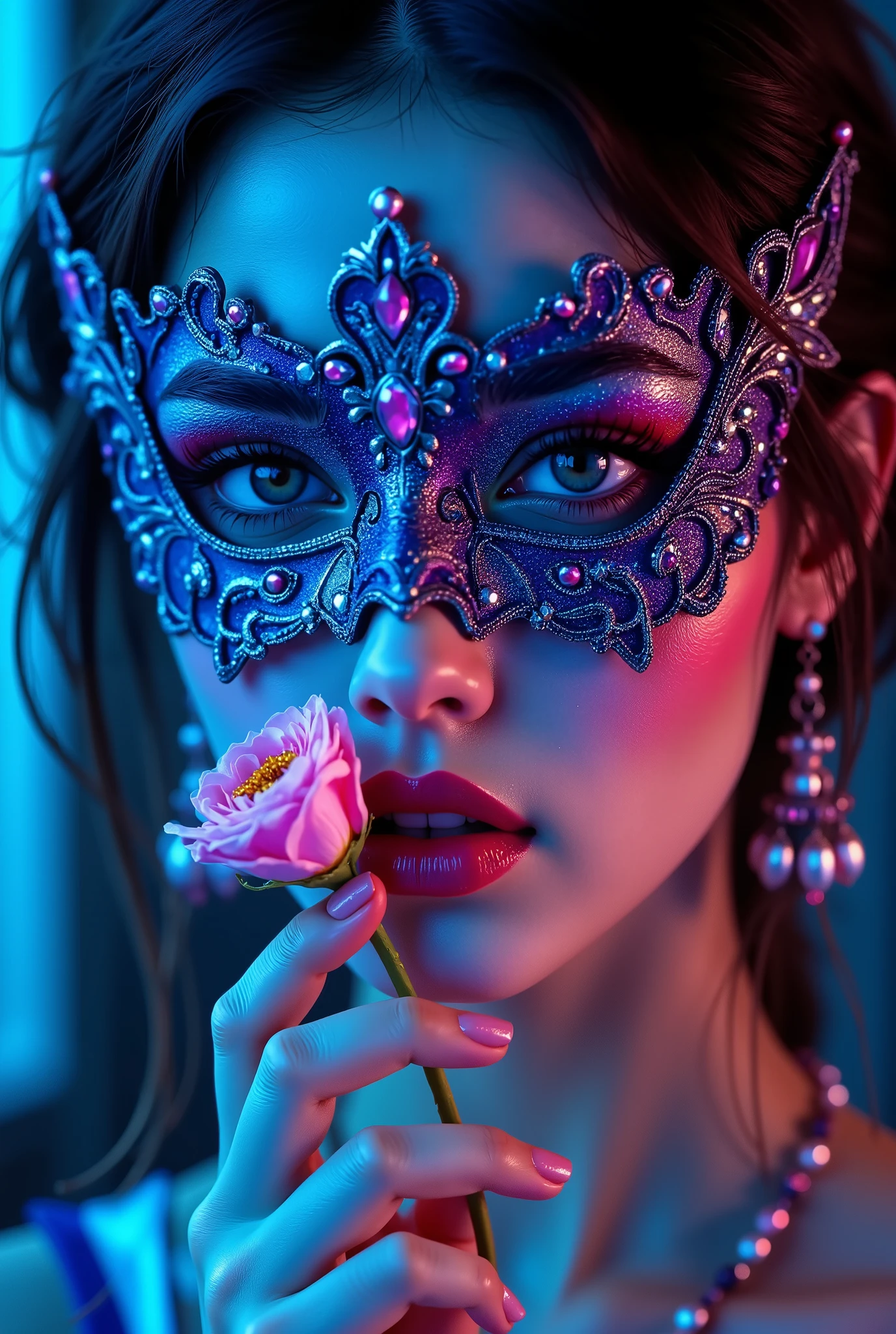 X3m, The girl at the Masquerade holds a Flower, smelling his, her Face Is Covered by a Beautiful Eye Mask, beautifully colored eyes, jewelry and delicate beautiful lips, masterpiece, best quality, 8k resolution, realistically, Ultra high quality,