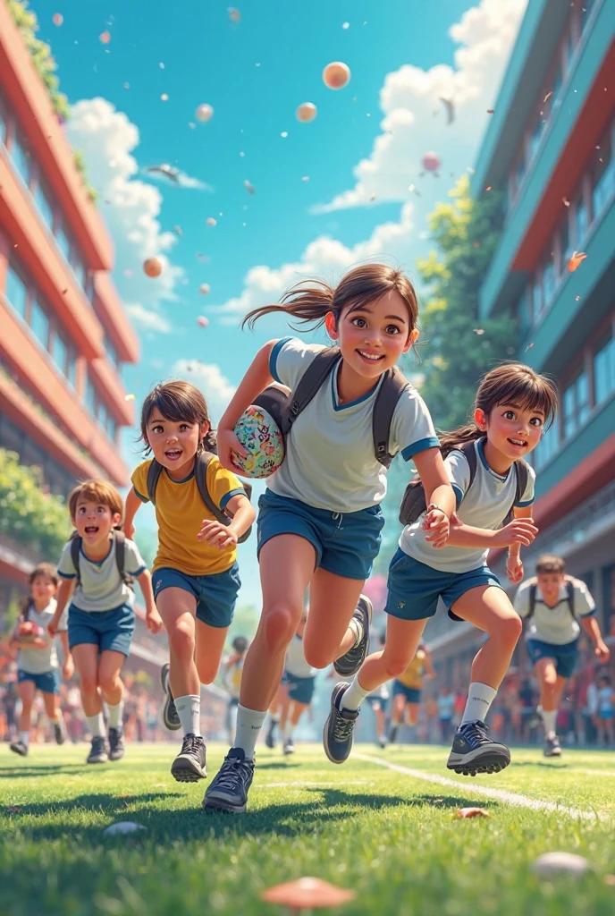 (masterpiece),(best quality),(ultra-detailed),(full body:1.2), chibi, cute, smile, 2boys of 8yo and 2girls of 8yo, Troublemaker, play together, ((run and kick the ball and play)).