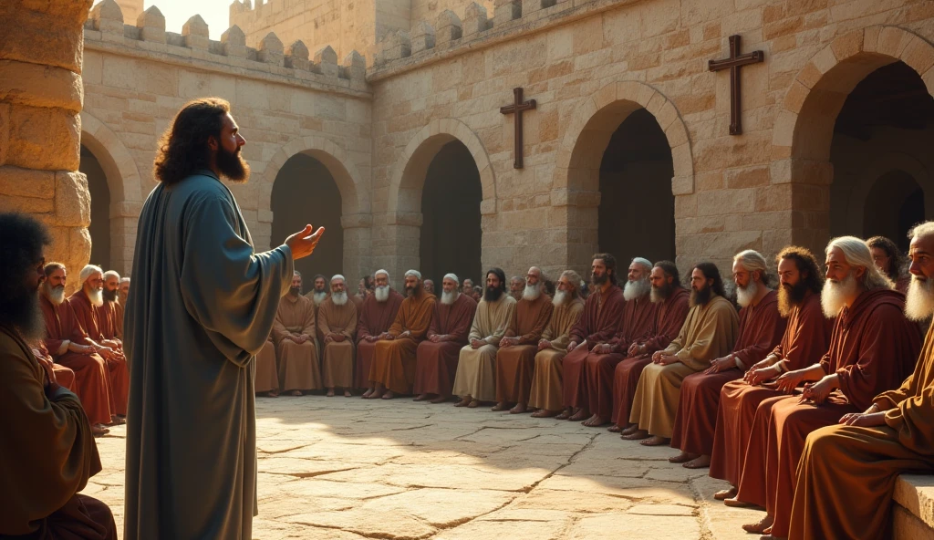 A scene showing a gathering of the Prophet Muhammad (PBUH) with his companions, with Abdullah ibn Amr (RA) listening attentively