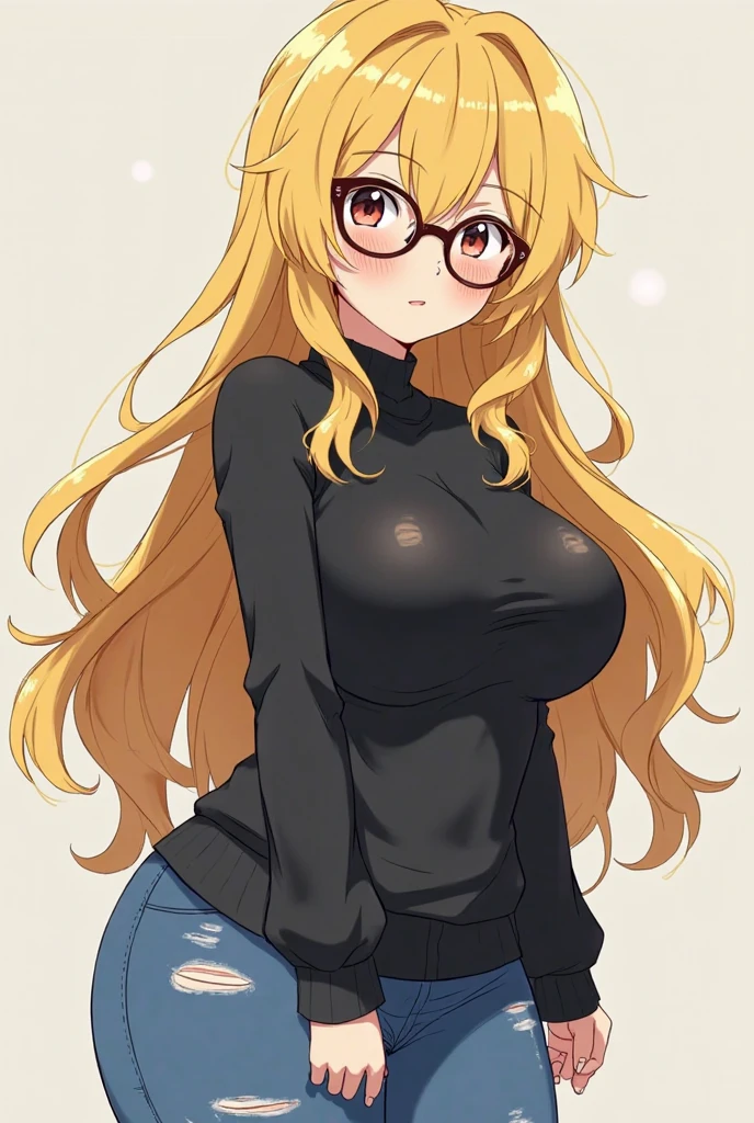An anime girl with long blonde hair, sharp nose, oval face, sexy clothes with a provocative, seductive look, preppy glasses, profession as a free fire player