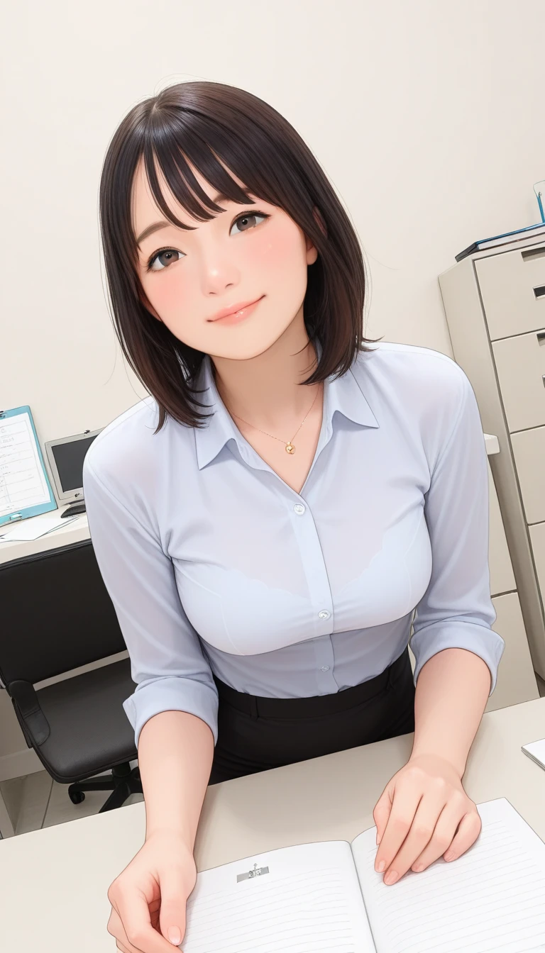 japanese, solo, huge breasts, brown hair, bangs, smile, (hostess makeup), dynamic angle, high res, (photo realistic:1.2), (highly detailed:1.1), desk, (wearing a sleeveless turtle neck white knit dress:1.3), office chair, smile,(computer) ,detail brassiere, delicate background, bokeh, professional lighting, physically-based rendering, (cowboy shot), rub the bust,