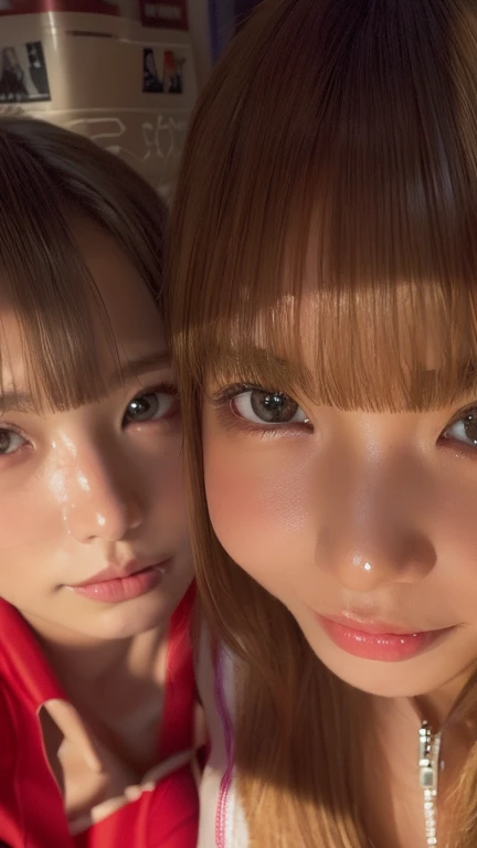 A smartphone on the end of a selfie stick、Two high school girls taking a selfie、Bob Hair、Brown Hair、Big Breasts、Girls' 、Serafuku、Sailor suit、His eyes are looking at his smartphone