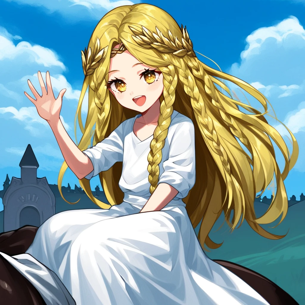 <lora:miqeulla:1>,miquella,1boy,solo focus,solo,blonde hair,crown braid,multiple braids,hair flowing over,laurel crown,long blonde eye lashes,yellow eyes,white robe,sitting on a horse, side riding position, smile, open mouth, waving, graveyard,, score_9, score_8_up, score_7_up, perfect anatomy, source_anime, zPDXL2,