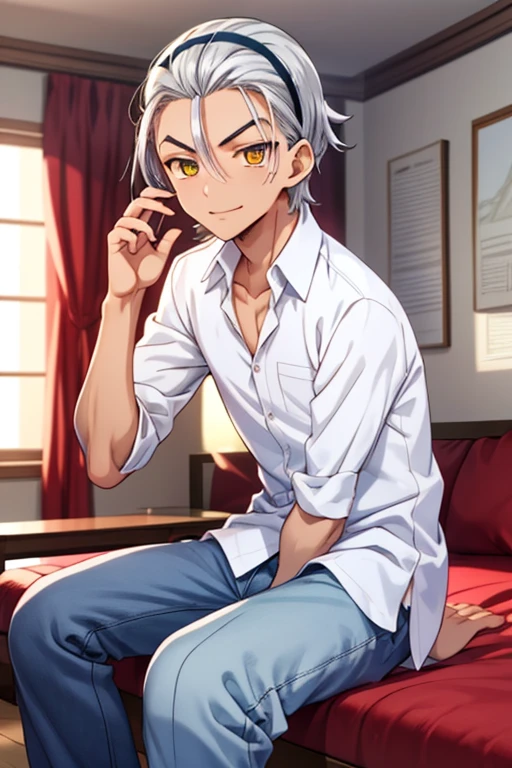 green eyes 17 years old smiles mischievously sees someone has golden jewelry golden bracelets white hair