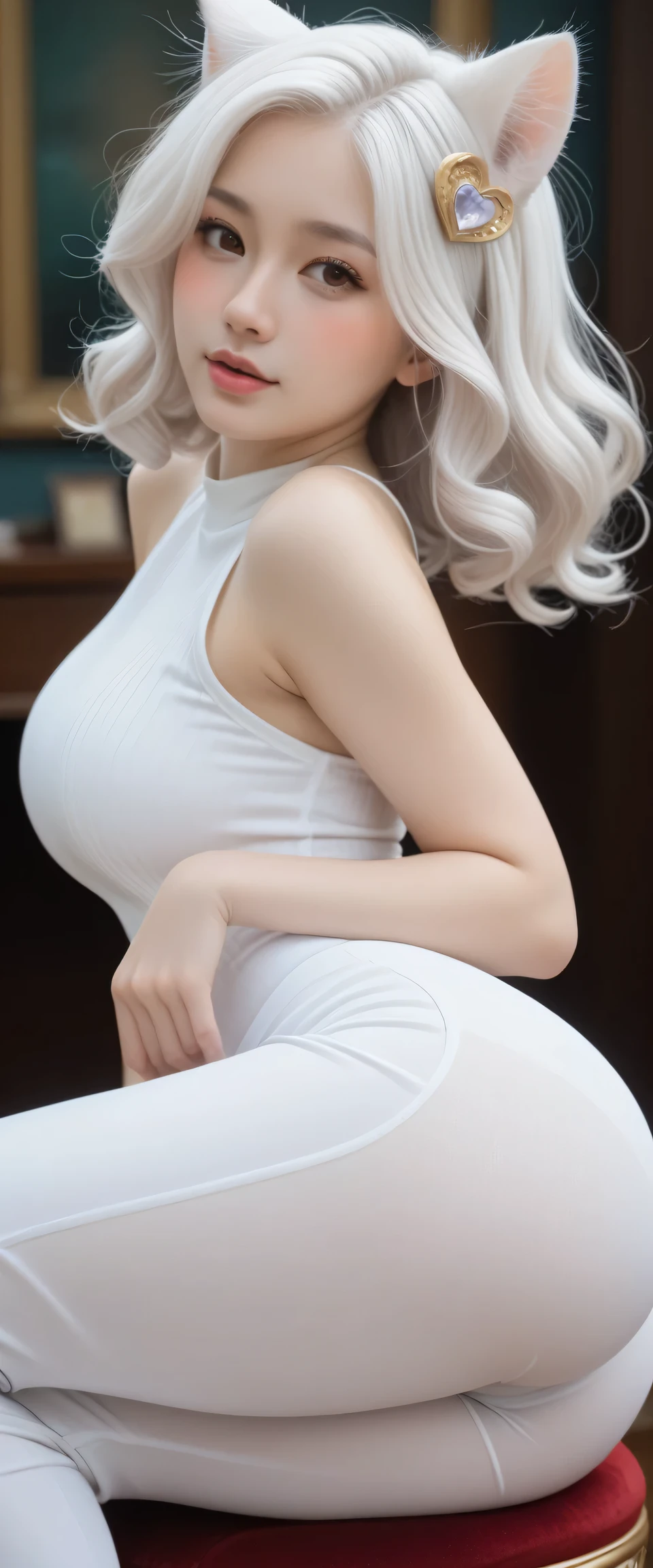 realistic, high resolution, 1 girl, white wavy hair, korean, heterochromic eyes, small moles under the eyes, loose white shirt, yoga pants, big breasts, long legs, tight abs,