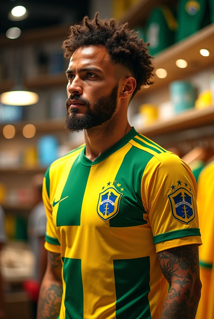 Man wearing a cap and gamer headset with the Brazil shirt playing Valorant holding a banner written let's go bill cartoon ultra hd quality