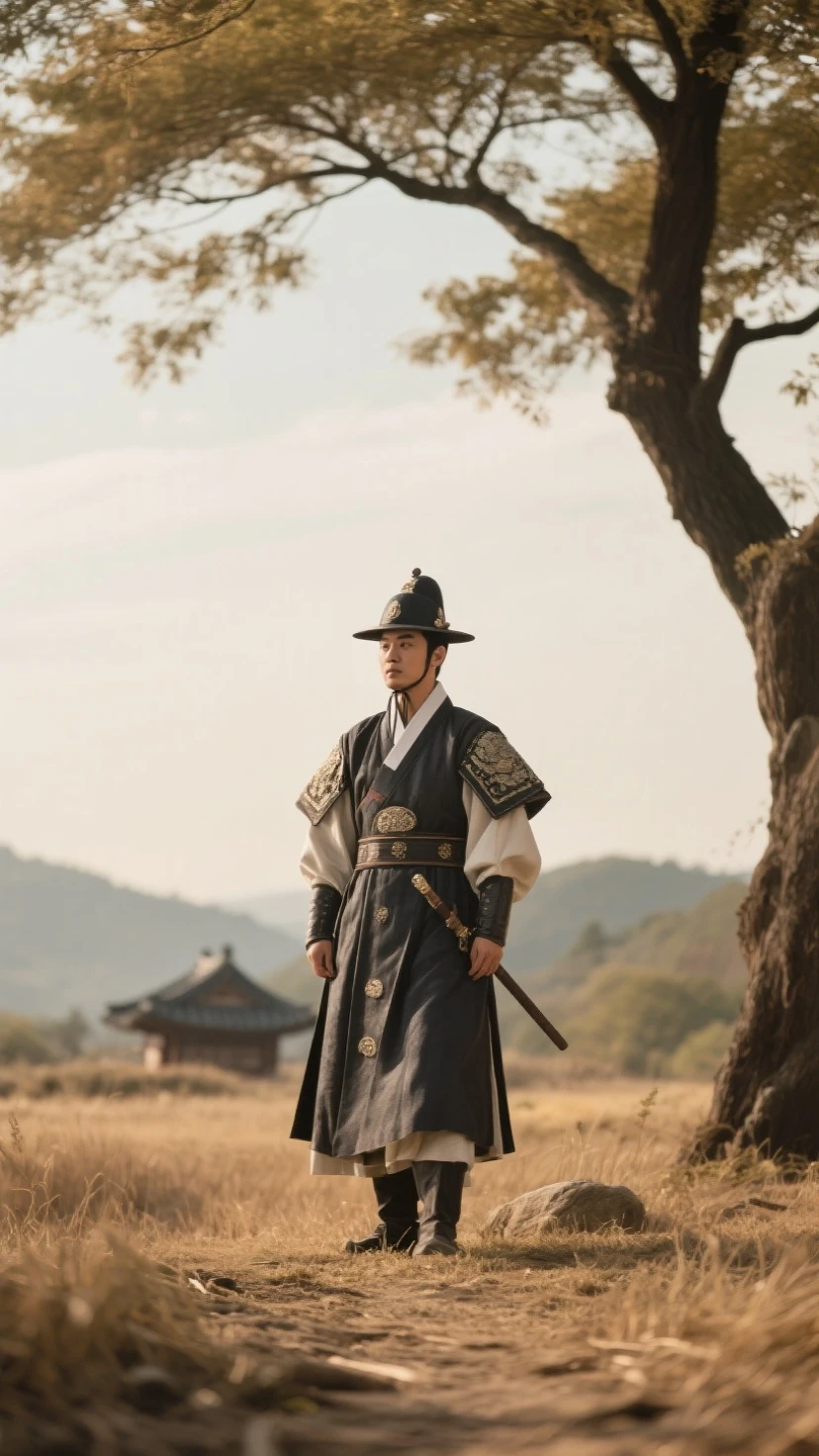 Arafeld man in black cloak and hat holding suitcase, inspired by Shin Saimdang, history drama, from three kingdoms, clothed in old samurai uniform, Flying dragons, Shin Jung-ho, as samurai, inspired by Gu An, cyborg nobleman, historically accurate, ja mong, still from live action movie, sangsoo jeong, jin - roh