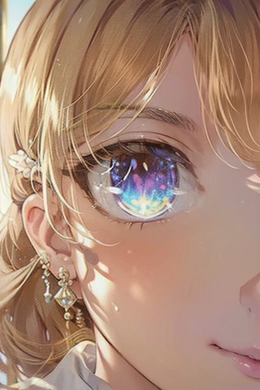 Close-up image of human eyes, capturing intricate details of the iris and the delicate lashes. The eyes should be expressive, reflecting emotions such as curiosity or wonder. The pupils should be shaped like clock faces, showing clear and distinct clock hands and numbers. Ensure high resolution to highlight the texture and color variations within the iris, the unique clock-shaped pupils, and the subtle patterns in the surrounding skin,dynamic lighting,dark fantasy,realistia,anime