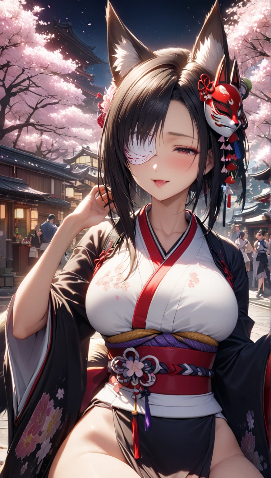 An anime-inspired catgirl cosplayer dressed in a stylish and elaborate outfit that combines elements of traditional Japanese fashion with modern anime aesthetics. The character has a confident pose, with her cat ears and tail adding to the charm. The background features a bustling convention setting with other cosplayers, capturing the vibrant energy of an anime convention.