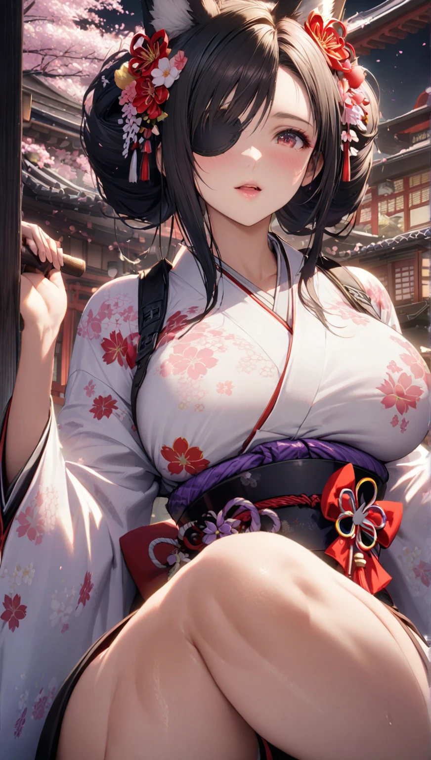 (((masterpiece))), Nezuko, (1girl, Ultra-realistic photo of Nezuko Kamado, a very beautiful woman, bright pink eyes, (((blushed face))), long black hair and orange hair tips), (Japanese pink kimono), Nezuko, (ultra giant breasts, huge breasts that are about to explode, showing beautiful pointy breasts, huge breasts out of her clothes), (based on the Demon Slayer kimetsu no yaiba), clean and detailed anime art, professional art, perfect detail, Professional photos taken up close, (((hand on crotch, pussy juice, seductive pose))),