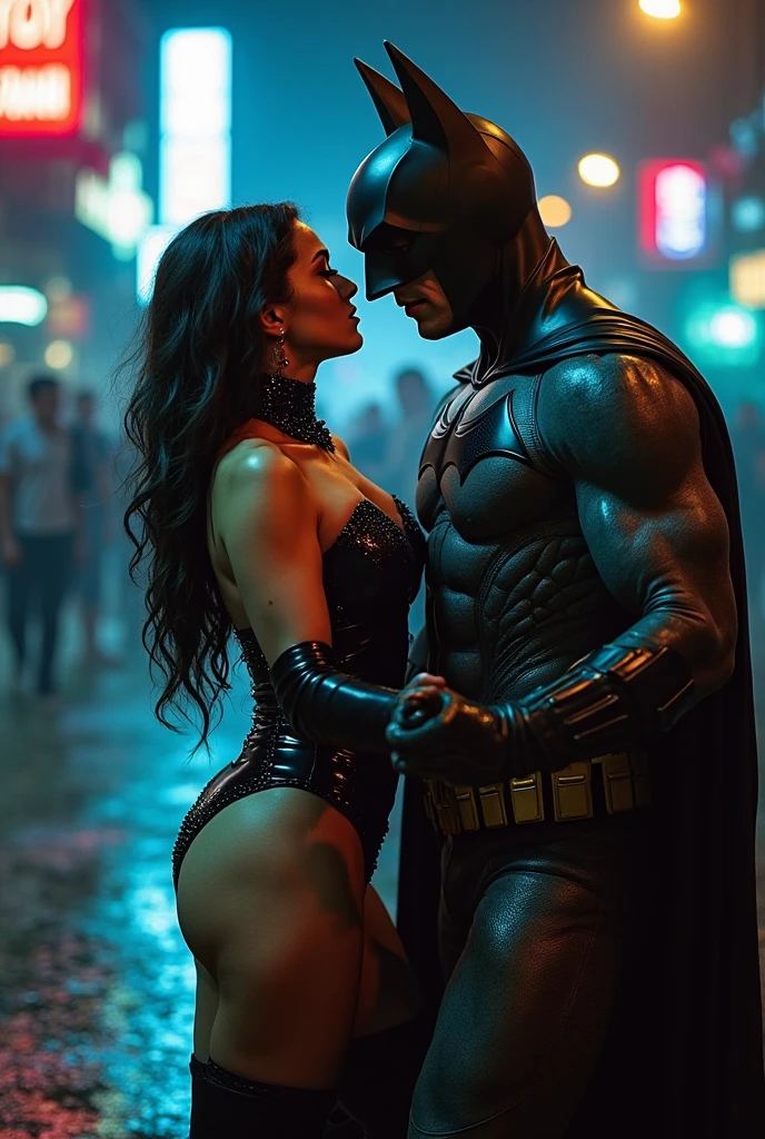 Batman confronting a thai ladyboy playing Catwoman,(beautiful detailed eyes,beautiful detailed lips,extremely detailed eyes and face,longeyelashes),sassy pose,cute outfit,redlight district at night,neon lights,pulsating atmosphere,moody and mysterious environment,(best quality,highres:1.2),ultra-detailed,(realistic:1.37),HDR,vivid colors,dark tones,portraits,concept artists