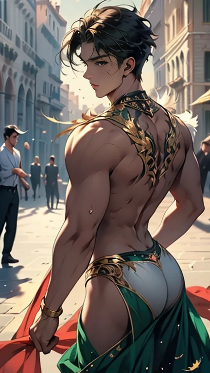 (High resolution, Pixels are perfect, luxurious illustration), (hyper quality, masutepiece, Ethereal: 1.4), (Solo:1.4), (((Very short hair))), ((spiked hair)), ((angry)), pale skin, (((((((muscular))))))), ((thick thighs)), ((Huge breasts)), (((wide hips))), Woman,(((((((Back))))))), (((Looking back))), (Open your legs slightly), Ass, ass forcus,((Butt sticking out pose)), (((((((chinese armor))))))), (Green Armor), ((Leotard)), Extremely detailed , Photorealistic , Very deep eyes, Perfect eyes, wetted skin, (Shiny skin),