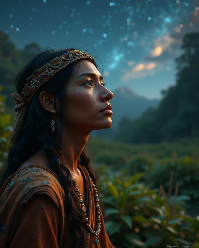 Sitting in contemplation by a crystal clear lagoon, an Indian woman with long black hair displays tribal tattoos that draw a symbolic map of her cultural identity. The surrounding nature seems to respond to her presence by enveloping her with a mystical energy. Its tranquil and deep expression conveys a spiritual connection to the forest and its ancient traditions. --auto
