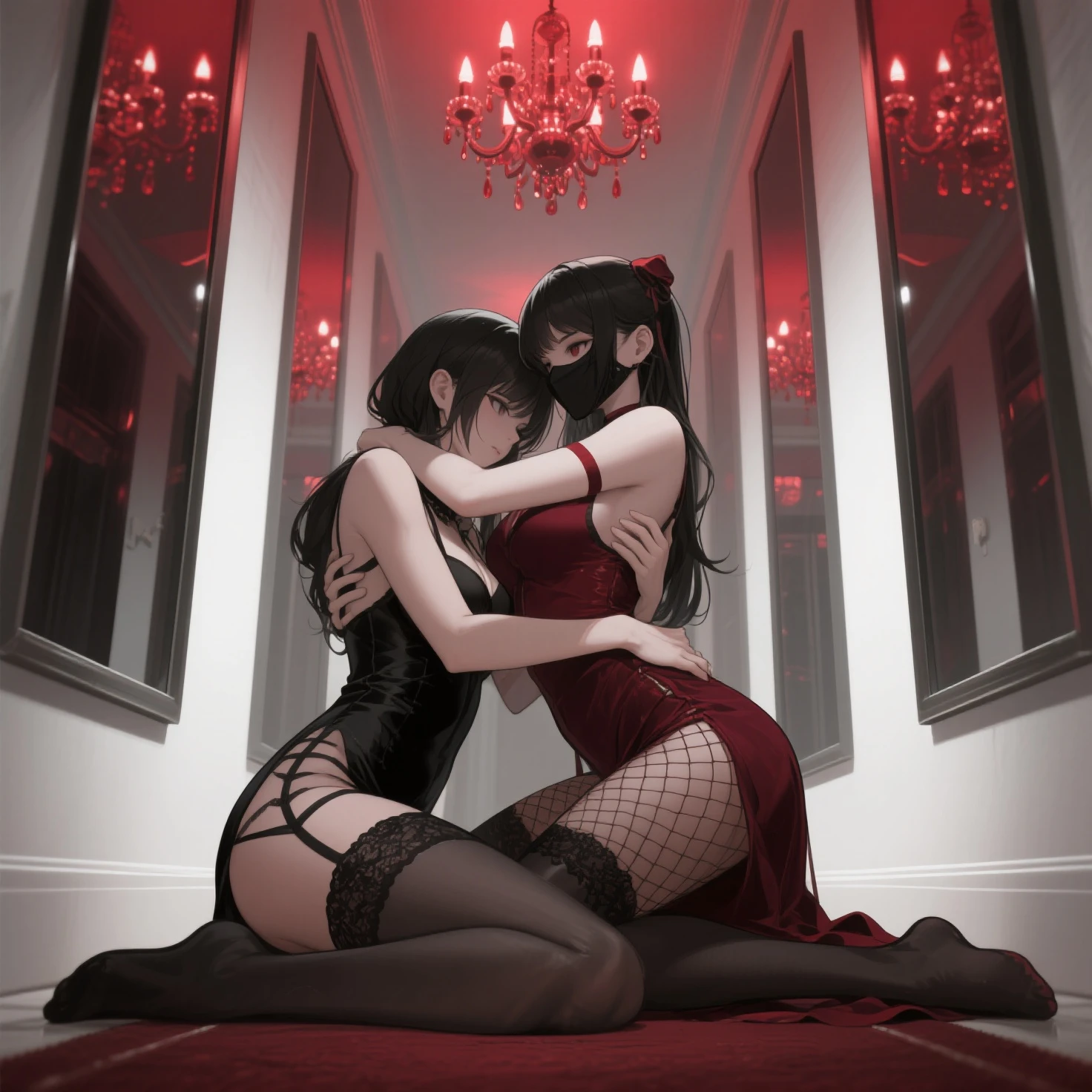 best quality, masterpiece, highres, 3 noble girls, luxury chambers bedroom background, lying on bed, lesbians, making out, kissing, intimate, laying on eachother, kneeling, shot from behind, touching eachother, seducing, snapping, eighteen forbidden, asian style, hanfu, white and even teeth, irises, full body shot, shot from behind, chinese women's clothing, chinese traditional dress, long dress, different colors, wearing a nightgown thin lace deep slit chest, chinese underwear, stockings, wearing stockings, all wearing stockings, lace stockings, mesh stockings with hooks on underwear, garter belt, high heels, high boots, wearing high leather boots, high latex boots, corsait, turtleneck polo lace top, choker, leash, BDSM, chains, chained, long gloves, makeup, eyes with very sharp and detailed makeup, lipstick, very long hair, ponytail, hair ornaments, necklace, jewelry, crown jewelry, Pretty face, magic import style, tyndall effect, photo realistic, dark studio, border light, two tone light, (high detail skin: 1.2), 8k uhd, dslr , soft light, high quality, volumetric light, candid, Photo , high resolution, 4k, 8k, Bokeh, In the Dark: 1.6), surreal full body of women by David Hockney and Alphonse Mucha, fantasy art, photorealism, dynamic lighting, station art, posters, volumetric lighting, highly detailed faces , super 8k, Awarded, in the dark, deep shadow, low light, bust, Royal style family, Best face, Very round and tight breasts, Surreal, guweiz, (full body), (Background detail 1.8), moderately big butt, --auto