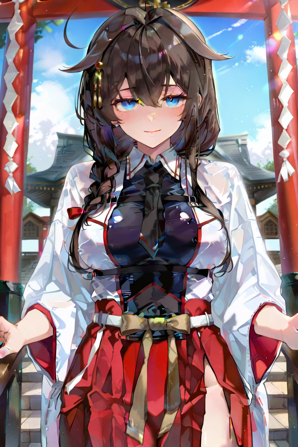 (harayutaka art style:0.7), score_9, score_8_up, score_7_up, score_6_up, uncensored, michiko tanaka, black hair, long hair, forehead mark, parted bangs, yellow eyes, BREAK (masterpiece:1.2), best quality, high resolution,(detailed eyes:1.3), perfect lighting, (perfect hands, perfect anatomy), hearts, pleasured, medium breasts, sagging breasts, 1girl, breasts, thighhighs, solo, skirt, breast curtains, bell, open mouth, thighs, detached sleeves, thick thighs, looking at viewer, white thighhighs, arm up, panties, red skirt, armpits, underwear, japanese clothes, white panties, outdoors, cameltoe, miko, arm behind head, pleated skirt, nontraditional miko, revealing clothes, curvy, standing