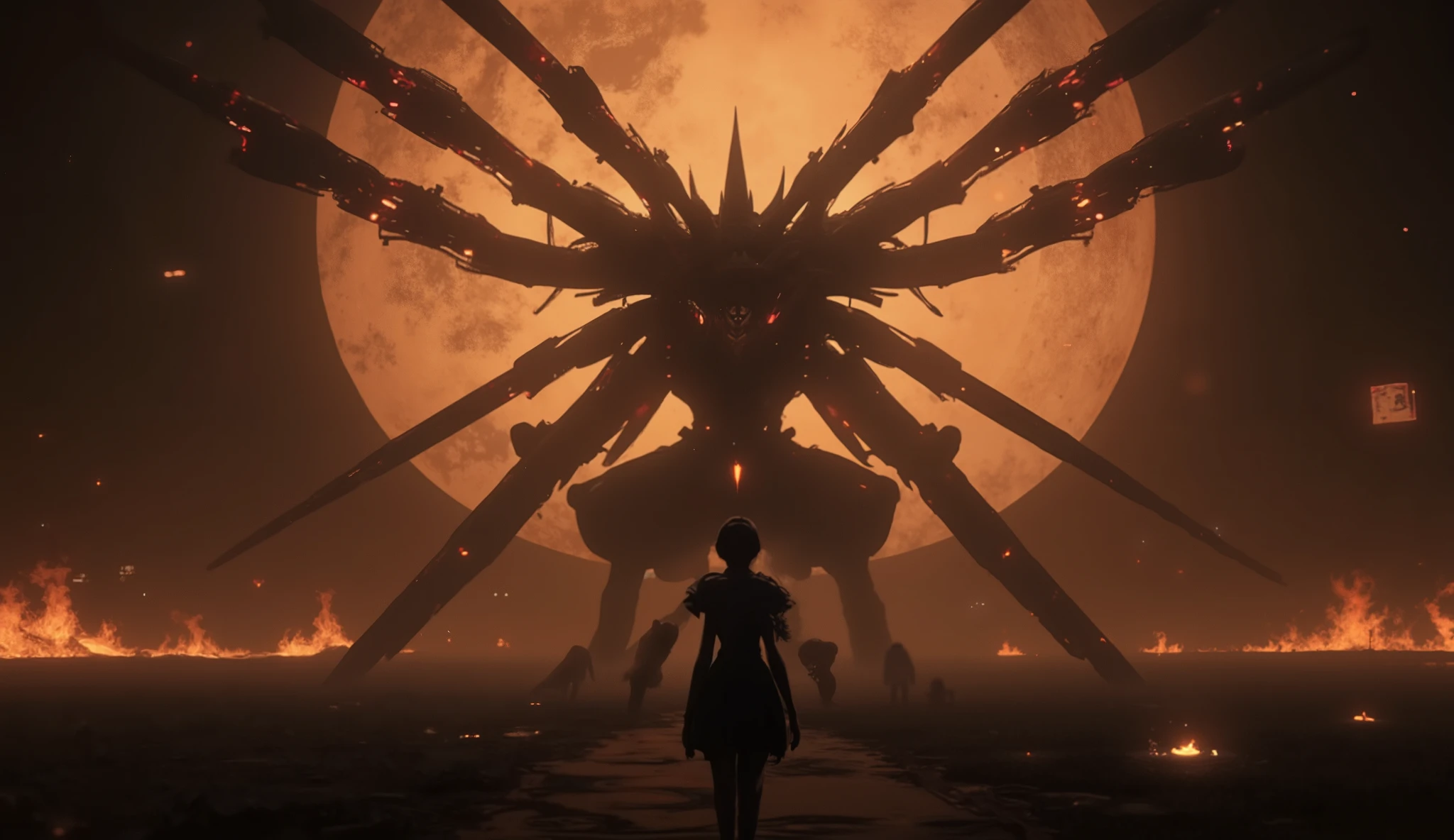 Silhouettes art, Silhouettes, 1girl, Fighting the Giant Darkness Nine Tails, Ten Tailed Giant Fox ,Shining Fox's Eye , Traditional Japanese Performing Arts , Monster Boss , nostalgia ,intricate detail, Vivid Patterns. Atmospheric haze, shallow depth of field,((Very awa, ultra detail,8k,masterpiece, hi-res, very high resolution, Newest))