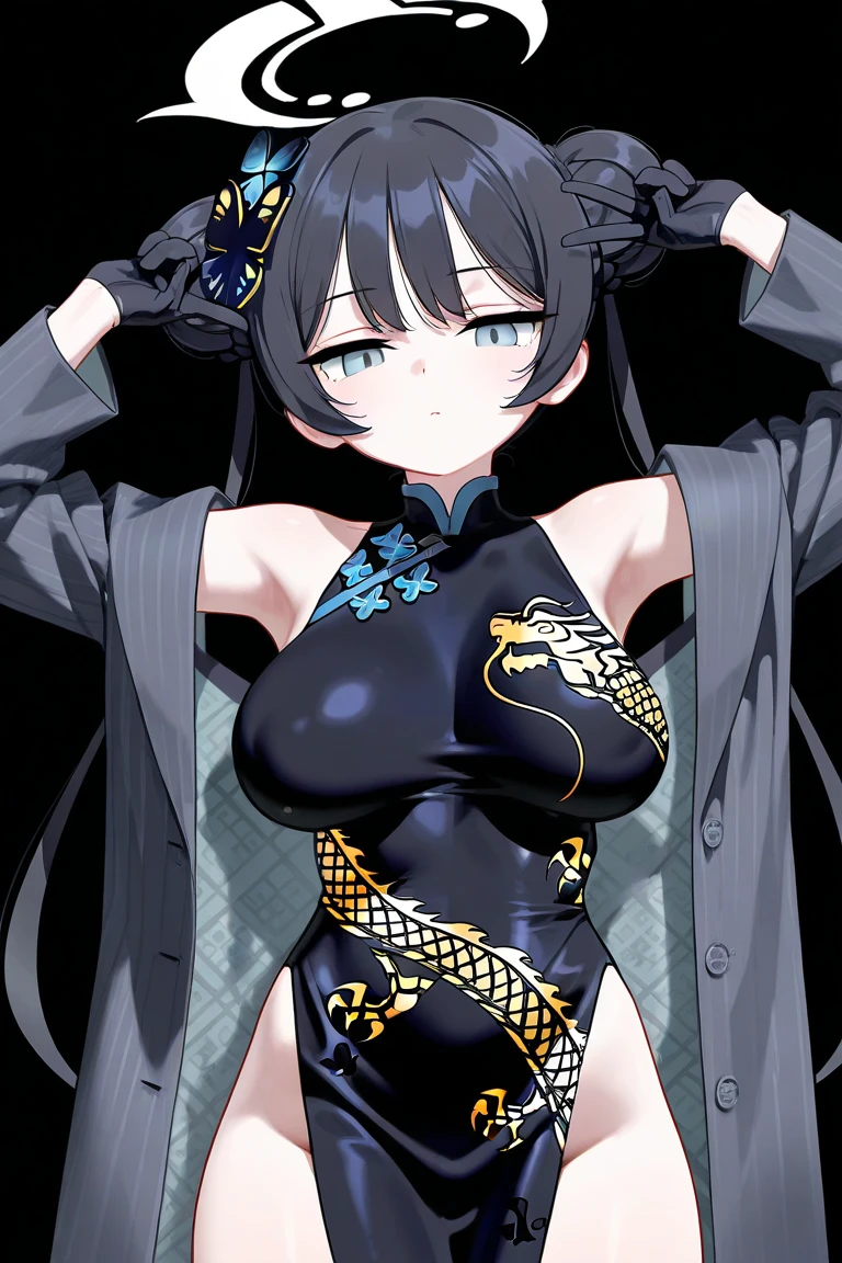 (masterpiece:1.2, best quality), (finely detailed eyes: 1.2) (ultra-detailed, hires), (detailed face, detailed eyes), (best illumination), detailed glow, high contrast, looking at viewer, ((solo)), calm, smile, squinted eyes, closed mouth, 1girl, huge breasts, wide hips, thin waist, kisaki_(blue_archive), black_hair, blue eyes, short hair, hair between eyes, double buns, sexy qipao, armpits, sweaty armpits, pink lips, face shot, cowboy shot, no background, empty background, (masterpiece, best quality, very aesthetic, absurdres), (ultra detailed perfect piece:1.2), illustration, masterpiece, (extremely detailed CG 8k), (very fine 8K CG), <lora:add-detail-xl:-1>