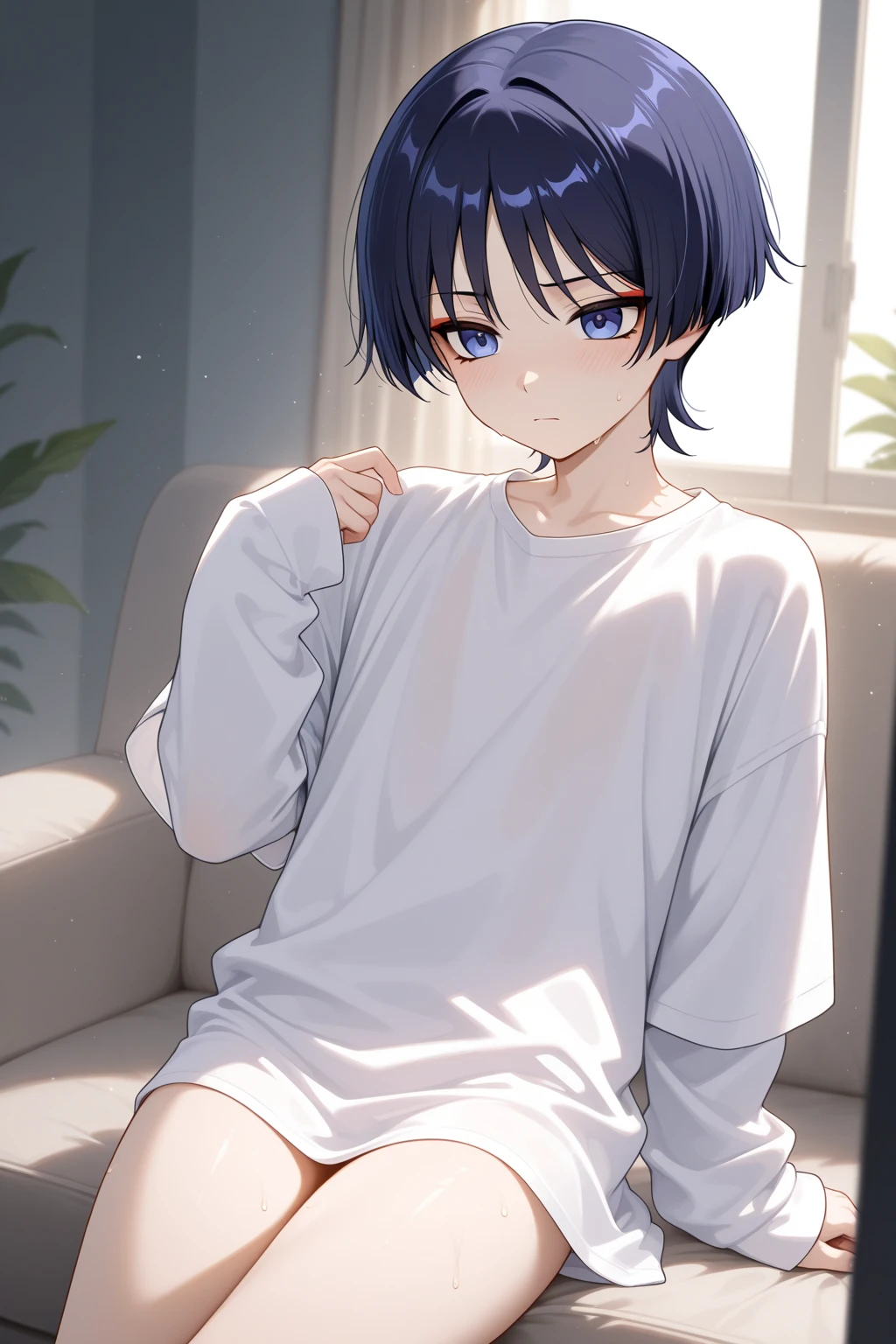 a boy sitting in a bedroom, wearing a white long sleeve shirt and purple underwear,
