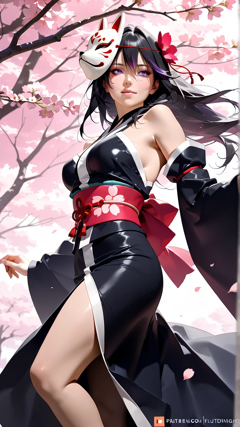 absurdres, RAW photo, extremely delicate and beautiful, masterpiece, Best Quality, ultra high resolution, 32k, hyperrealistic, ultra-detailed, in her 20s, delicate facial features, tearful mole, earring, medium breasts, full body shot, shorter middle hair, black hair, shuimobysim, Japanese kimono, ninja, samurai, sword with blue flames,