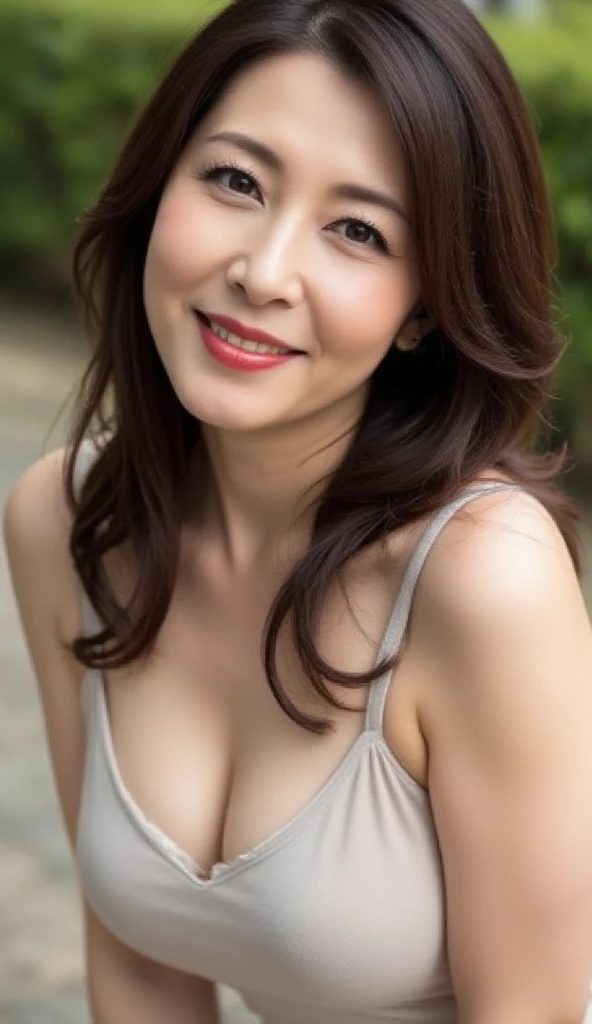 NSFW:1.3:((highest quality、8K resolution、master masterpiece、portrait:1.3)), Photoreal, 35mm film, 1 Japanese female,Beautiful woman, on the street during the day, wrinkles around the eyes,((sexy lingerie:1.3)) , (outdoors_city street: 1.3), jumbled background,look at the audience,(Tokyo cityscape:1.3),big breasts:1.3,laughter