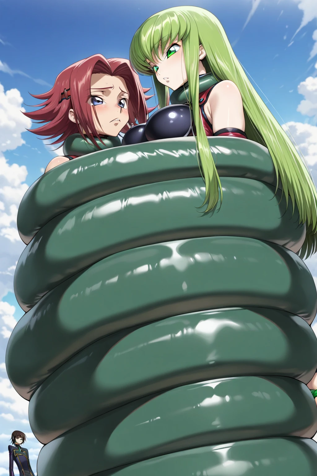 Thick giant  chick leaning forward tentacle pops out from within her mouth