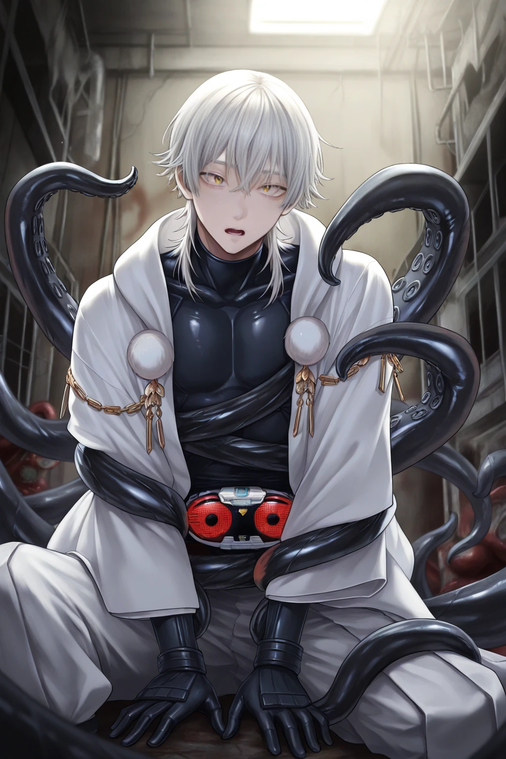 1boy, 1eye only, white hair, red eye, black sash shirt, white shirt, black sleeves, black pants, red tentacles in back, mechanical tentacle, looking on side