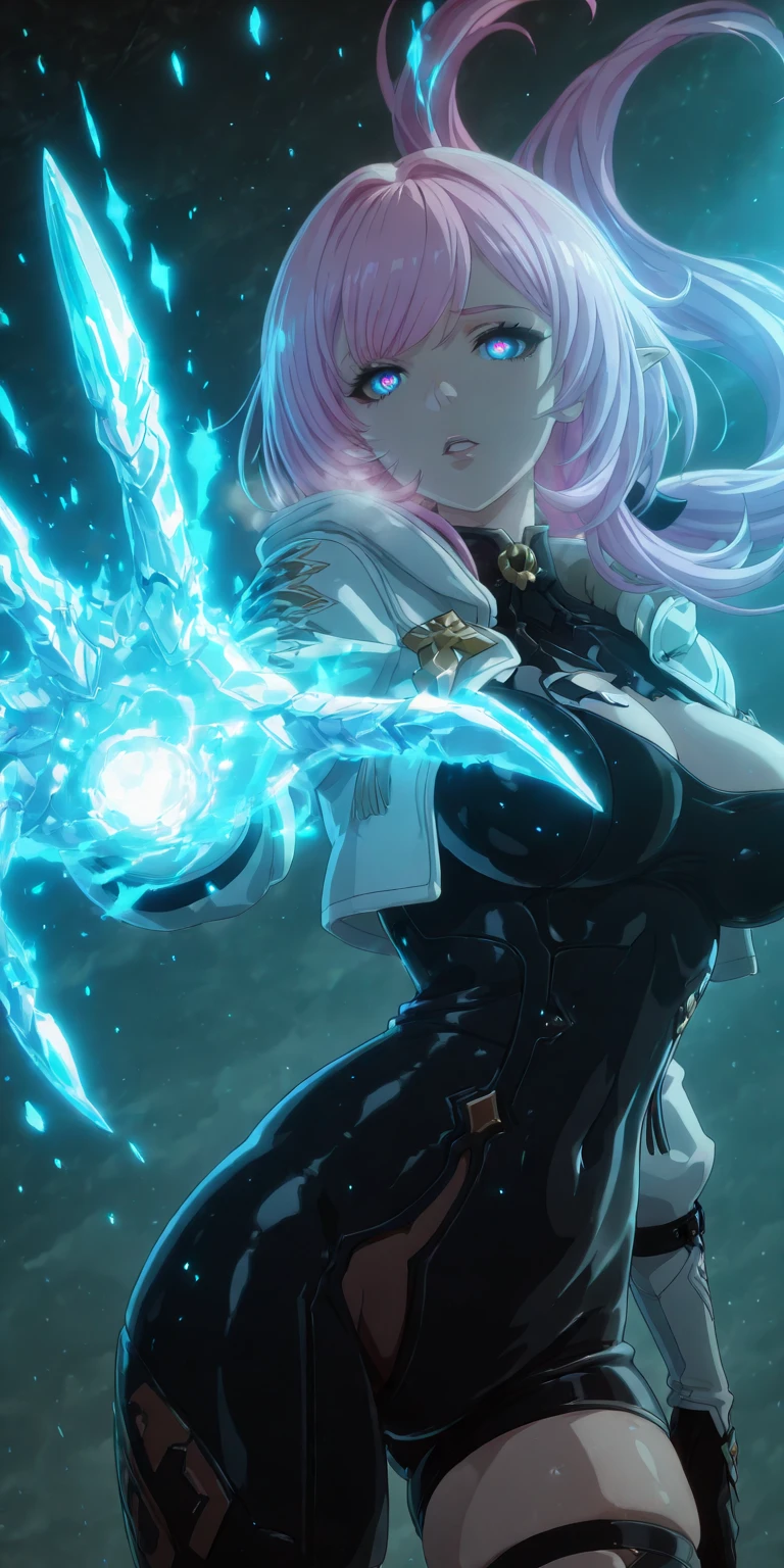 babu-style, ssp, (lainart-style:1.2), (muneshiro_(hitsuji_kikaku)-style:1.4), (anime coloring, anime screencap), shiny skin, ((anatomical correct)), ((Cinematic, unreal engine, eye-catching, ambient occlusion, UHD, masterpiece)), ((perfect lighting, soft shadow)), perfect body, perfect eyes, perfect fingers, gasping, heavy breathing, gasping profusely, ((skindentation)), ((curvy)), elysia \(honkai impact\), slit pupils, pink pupils, elf, pointy ears, pink hair, long hair, blue eyes, bangs, large breasts, low ponytail, plump, hearts, pleasured, 1girl, solo, bodysuit, jacket, breasts, looking_at_viewer, covered_navel, black_bodysuit, parted_lips, white_jacket, open_clothes, open_jacket, skin_tight, claws, floating_hair, glowing, fire, Fiery,