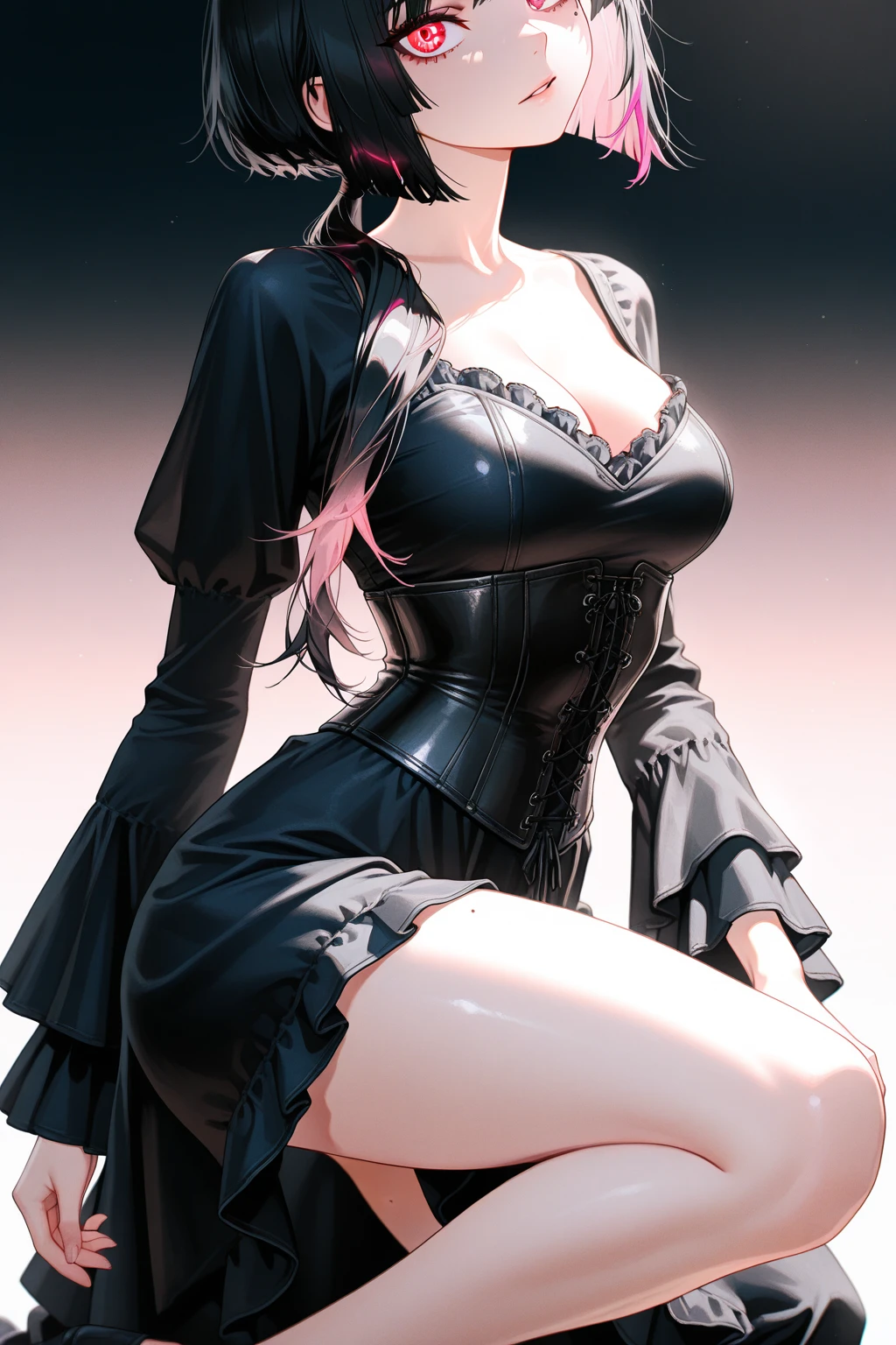 (((:i))), highly detailed, hyper realistic, super detailed, dynamic pose, photography, volumetric, ultra detailed, intricate details, 32k, super resolution, backlight, natural lighting, cinematic lighting, highlight lighting, global lighting, Global Screen Space Illumination, Ray Tracing Global Illuminati on, Lumen Reflections, Cell Shading, Tone Mapping, super-detailed, ultra photorealistic, , intricate details, 8K, ambient occlusion, volumetric lighting,  Sharp Focus, Superior Quality, Masterpiece, Ultra High Resolution, (Photorealistic: 1.4), Raw Photo, Deep Shadows, Girl, Pink Hair, Red Eyes, Black Top, Black Skirt, Pantyhose, Wall Hanging Stock, Night, Alley with Flowers