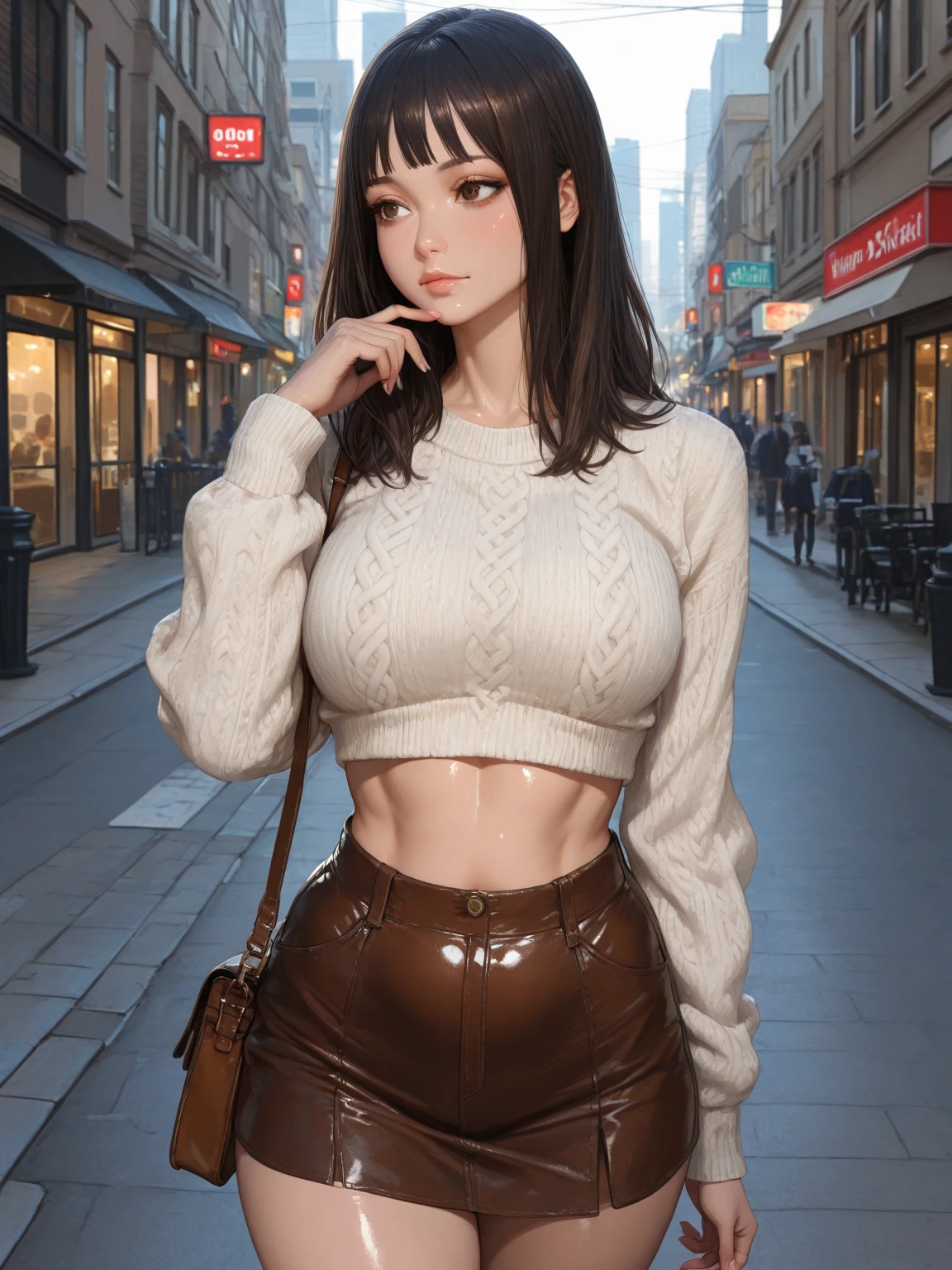 (masterpiece, best quality, hires, 8k), extremely detailed, 1girl, solo, upper body, long brown hair, grey eyes, blush, smile, lightblue turtleneck sweater, (large breasts, thick thighs, wide hips), (cinematic lighting), street