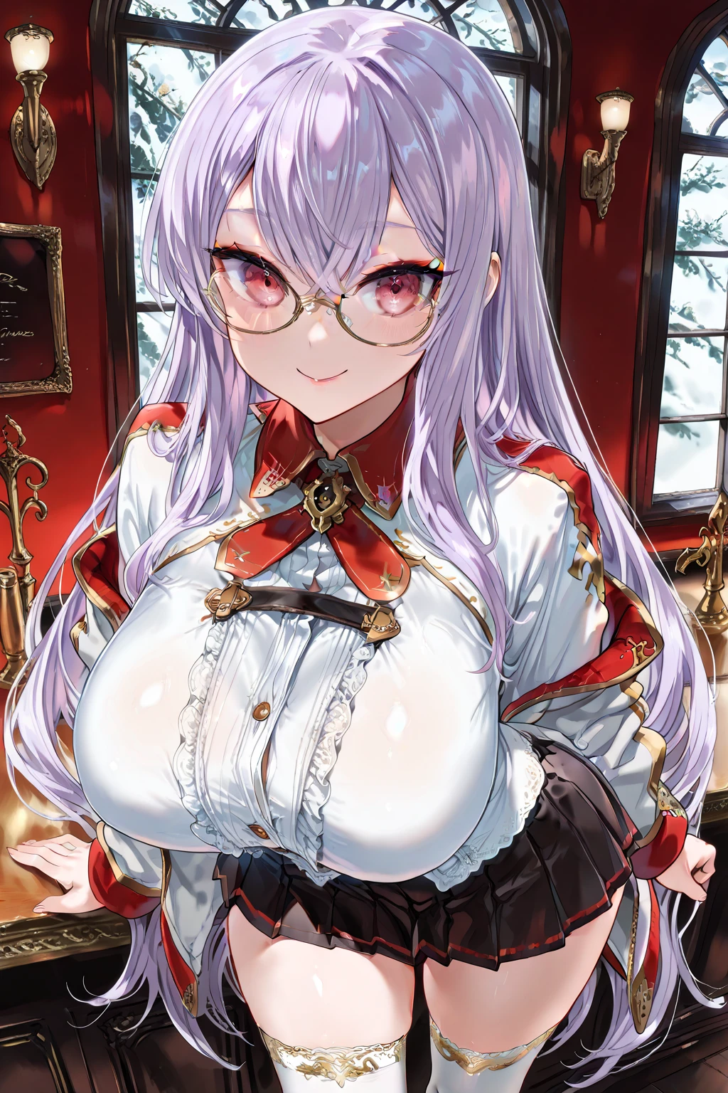 (Medium portrait:0.7), (best illuminate:1.1), (coiffed silver hair:1.1), 1个Giant Breast Girl, mature woman, huge breasts, first rate breasts, white sweater, off shoulder, exposed breasts, Wolf ears, serious smile, eyeglasses, Complex:0.6, medium, in the middle of the library, looking at book, Chopping:0.8, (canineteeth:0.4)