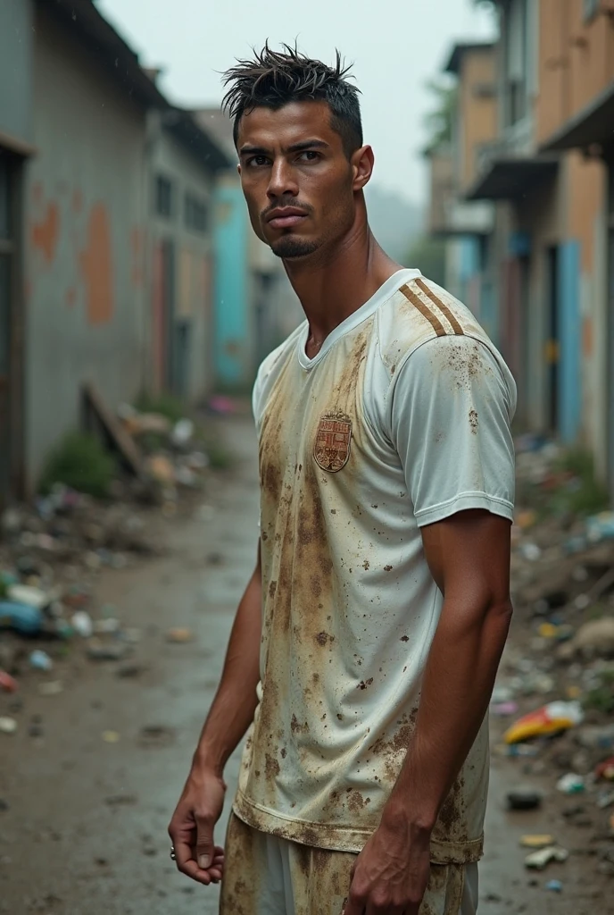  Cristiano Ronaldo picture who is homeless and with white and crying in slums without shirt and no teeths