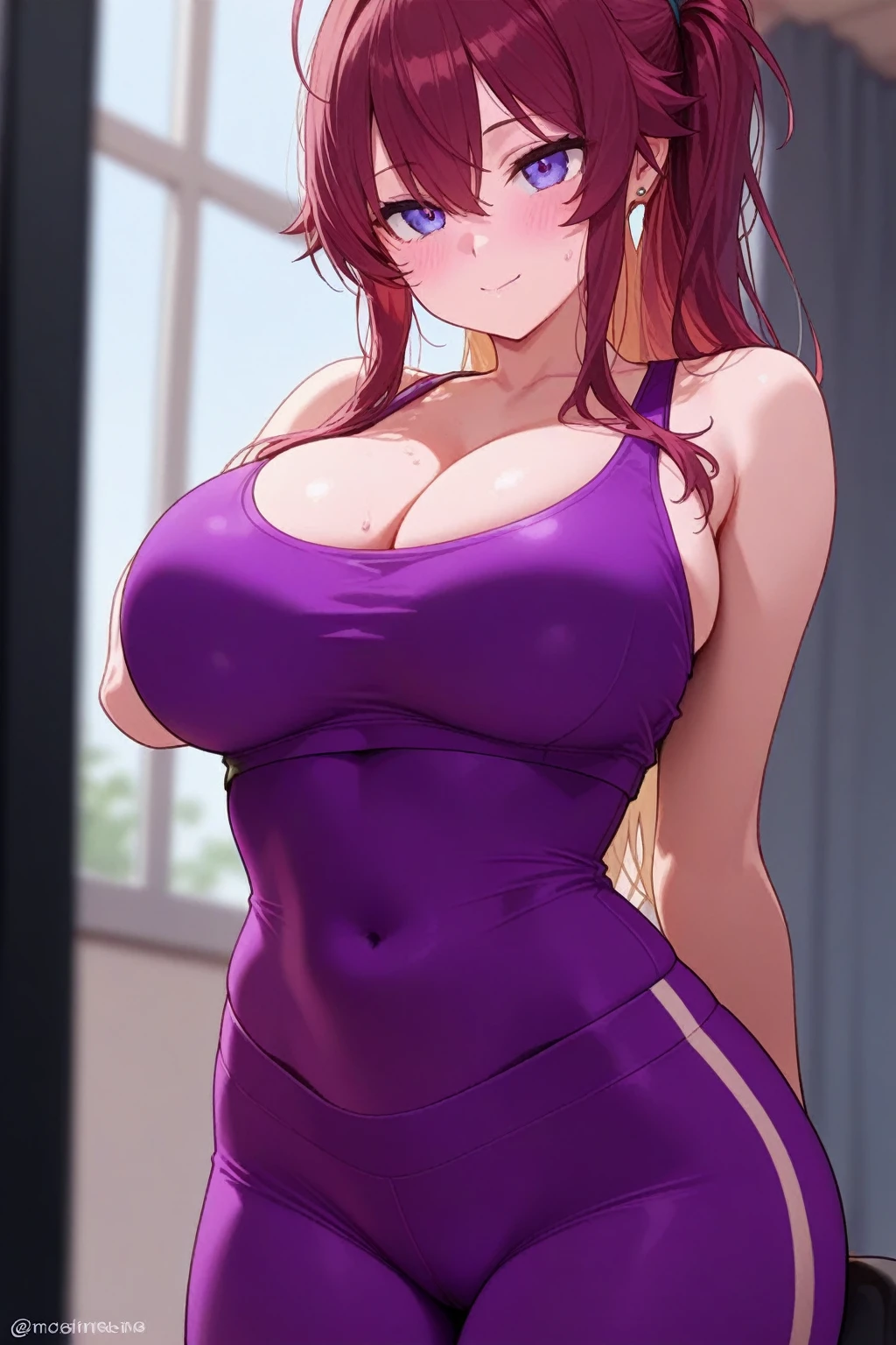 (high quality:1.2), intricate detailed, digital art, TakashiroHiroko, 1girl, mature female, solo, cowboy shot, looking at viewer, smile, blush, purple eyes, long hair, red hair, 1 girl solo,(((huge breasts))), saggy breasts, one-piece navyblue swimsuit,old school navyblue swimsuit,school navyblue swimsuit,wet,barefoot,cameltoe. embarrassing,blush, upper body,front view, sunlight, cloudy sky, sun, school pool,outdoor,